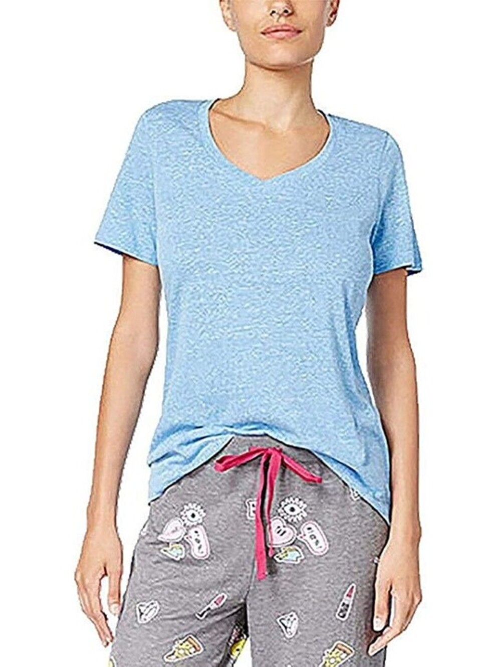 Jenni Womens V-neck Pajama T-Shirt Light Blue Size S
